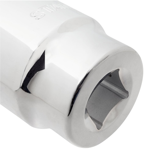 STANLEY 89-338 chrome socket, close-up angle on white background, showing hexagonal inner design.