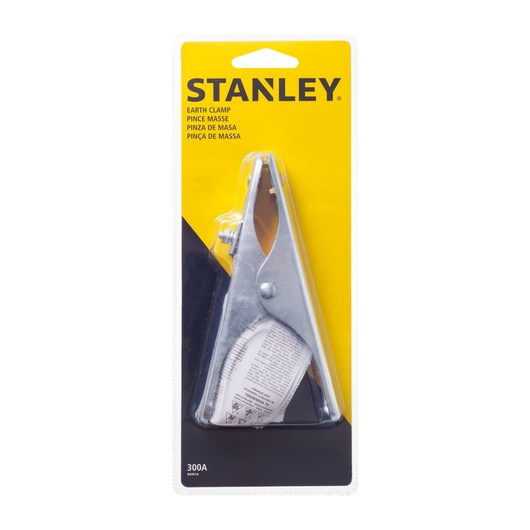 Stanley 89301A earth clamp in silver metal, packaged on yellow and black card, front angle.