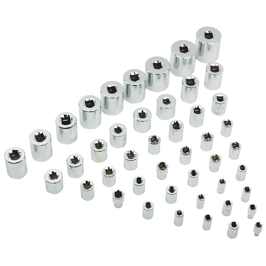 STANLEY 91-931 socket set, chrome finish, photography of assorted sockets on white background.