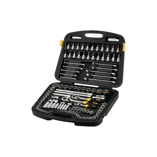 STANLEY 91-931 mechanic tool set in black case, open angle, assorted sockets, wrenches, and ratchets.