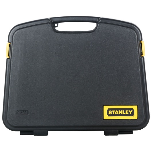 STANLEY 91-931 black hard plastic tool case with yellow latches and STANLEY logo, front angle, photography.