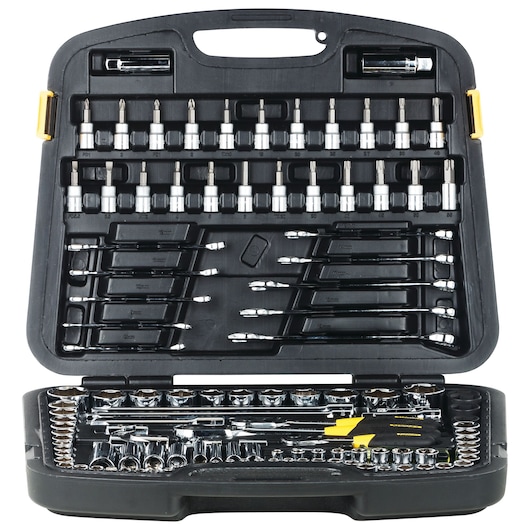 STANLEY 91-931 socket and wrench set in black hard case, top-down angle, includes various bits and accessories.