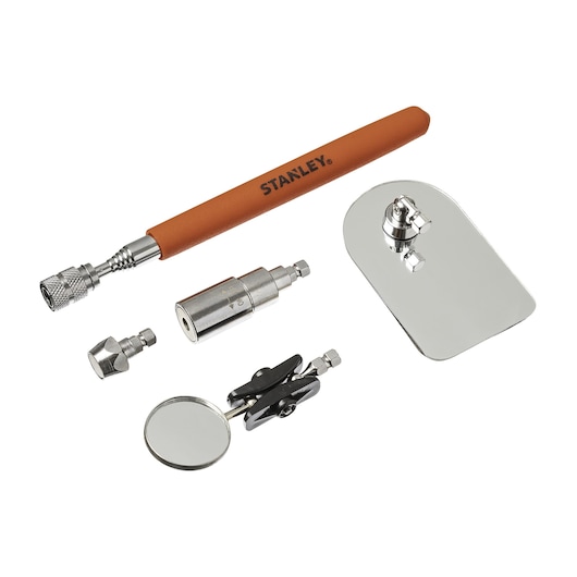 STANLEY 92-642 inspection tool set with orange handle, various attachments, and inspection mirrors, top view.