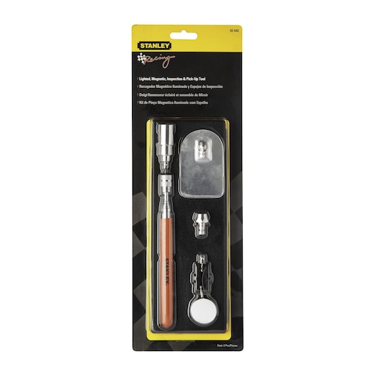 Photo of STANLEY 92-642 lighted magnetic inspection and pick-up tool kit, packaged with mirror and attachments, front angle.