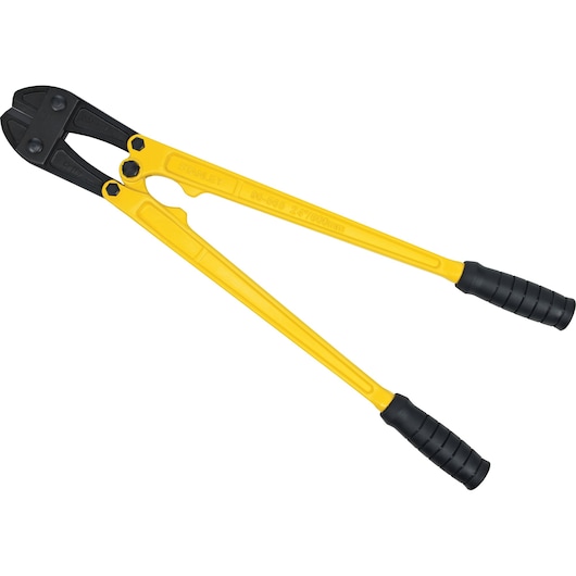 A pair of yellow-handled bolt cutters with black grips and cutting head, used for cutting through metal objects.