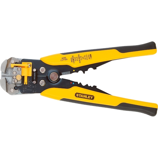 STANLEY 96-230 wire stripper and cutter, yellow and black handles, top view, product photography.
