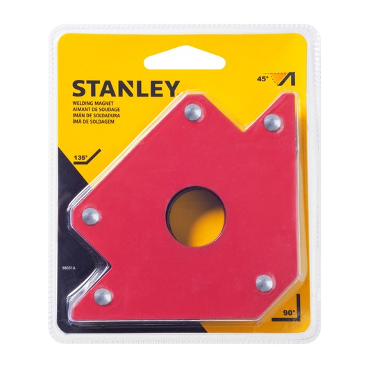 STANLEY 98031A welding magnet in red, packaged, showing triangular shape with central hole, front angle.