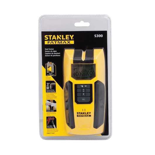 Stanley FMHT77407 stud sensor S300 in retail packaging, front angle, yellow and black device with display.