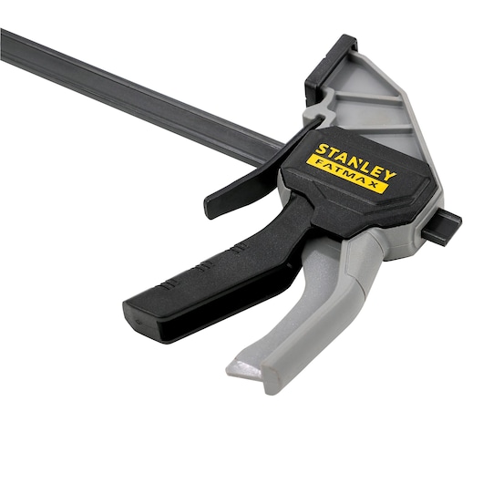 STANLEY FMHT83232-840 bar clamp with black and gray body, viewed from front angle on white background.