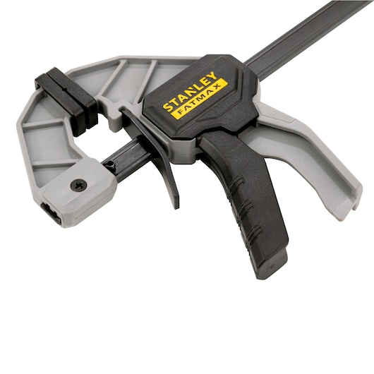 STANLEY FMHT83232-840 trigger clamp in black and gray, photography on white background.