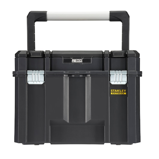 STANLEY FMST1-75796 black tool box with metal latches and large handle, front angle, white background.