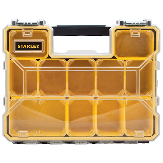 Stanley FatMax Deep Pro Organizer front angle, transparent lid showing yellow compartments, black handle