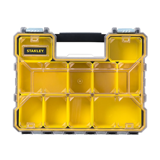 Stanley FMST14820 organizer box, yellow compartments, clear lid, front view, tool storage category.