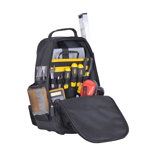 STANLEY FMST514196 backpack tool bag with multiple tools, front view on white background.