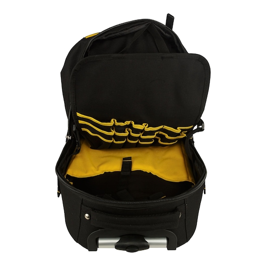 STANLEY FMST514196 black and yellow tool bag, open, showing interior pockets, top view