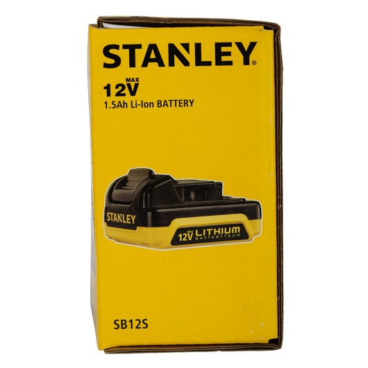 Photo of STANLEY SB12S 12V lithium battery in yellow packaging, front angle, battery tech label visible.