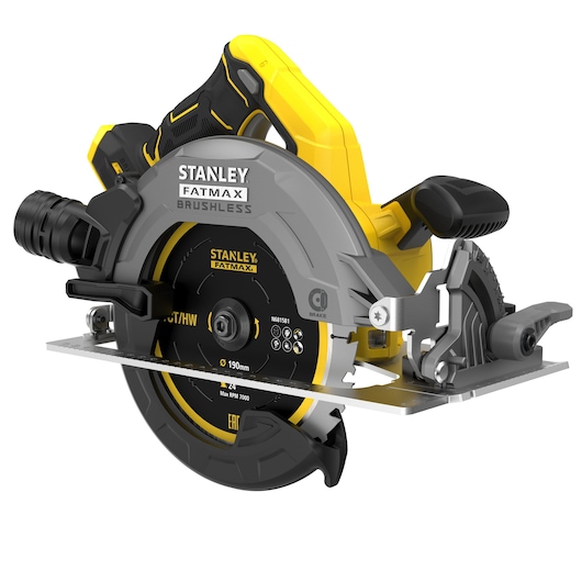 STANLEY FATMAX SBC550 brushless circular saw, side angle, yellow and black body, metal blade guard.
