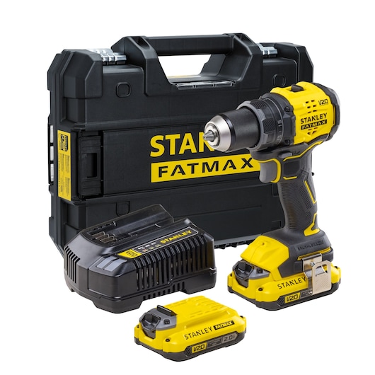 STANLEY SBD714D2T-BR cordless drill kit, includes drill, two batteries, charger and case, front angle.