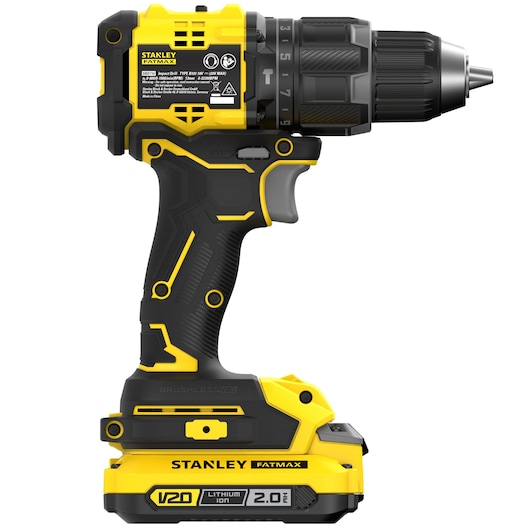 Stanley SBD716D2T cordless drill side view, yellow and black, Fatmax V20 Lithium Ion, photography.