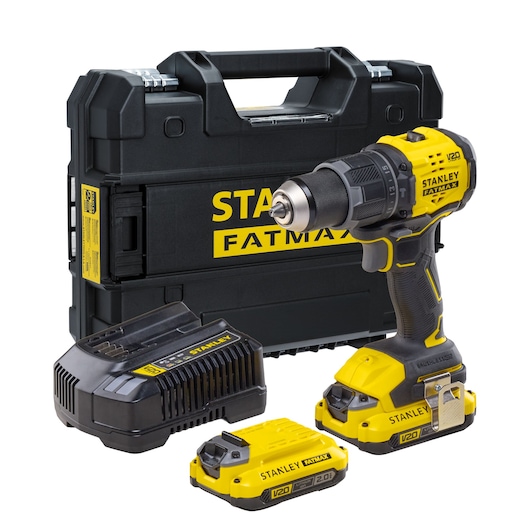 STANLEY SBD716D2T-BR cordless drill kit with black carrying case, yellow drill, two batteries, and charger, front angle.