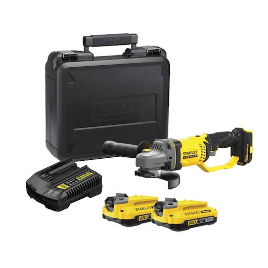 STANLEY SBG700D2K cordless angle grinder kit with yellow and black grinder, two batteries, charger, and black carrying case, front angle.