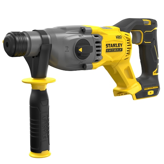 STANLEY SBH900 rotary hammer drill, yellow and black, side angle on white background.