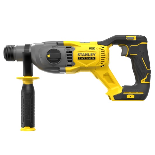 Photo of STANLEY SBH900 rotary hammer drill, yellow and black, side view on white background.