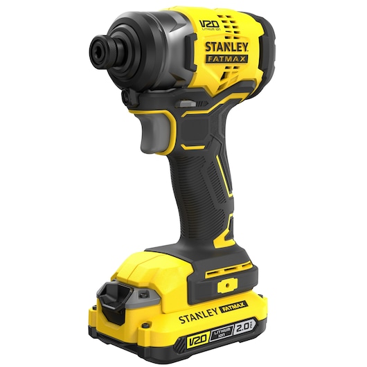 Photo of STANLEY SKU SBI810D2K-B3 cordless impact driver, yellow and black, front left angle, with V20 battery.