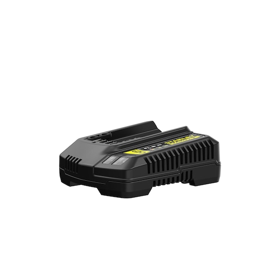 STANLEY SC125 battery charger, black, photography of angled front view on white background.