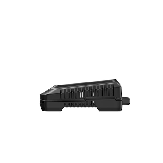 STANLEY SC125 battery charger side view, black rectangular design with ventilation slots, photography on white background.