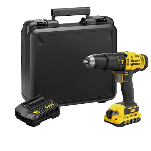 Stanley SCD711C1K cordless drill set with charger and black carrying case, front angle photo.