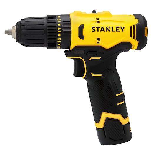 STANLEY SCH10 cordless drill, black and yellow, side view on white background, ergonomic grip and adjustment dial.