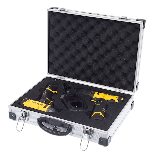 STANLEY SCHI10 cordless drill and impact driver set in yellow and black with charger in silver carrying case, angled view.