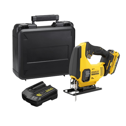 STANLEY SCJ600D1K cordless jigsaw kit with yellow and black saw, battery charger, and hard carrying case, front angle.