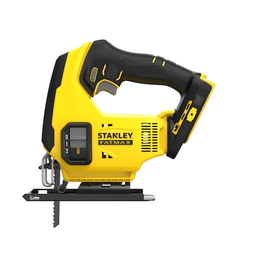 STANLEY SCJ600 cordless jigsaw, yellow and black, side angle, photography, FATMAX branding visible.
