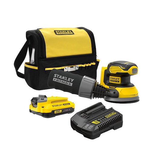 STANLEY SCS220C1S cordless random orbital sander kit with yellow-black sander, battery, charger, and tool bag, front angle.