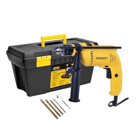 STANLEY SDH600K5 yellow corded drill kit with side handle, black and yellow toolbox, and five drill bits, front angle.