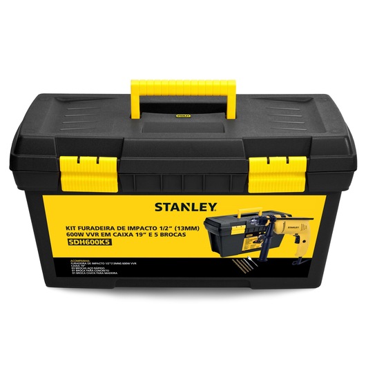 Stanley SDH600K5 drill kit box, black with yellow handle and latches, front angle, product label visible.