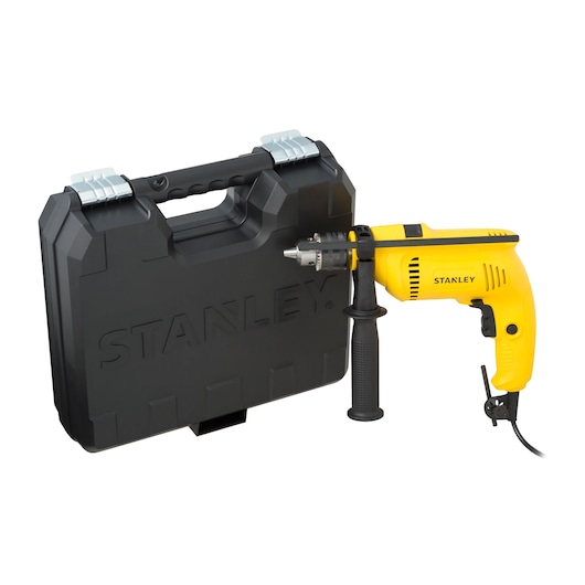 STANLEY SDH600K yellow corded drill with black carry case, front angle on white background.
