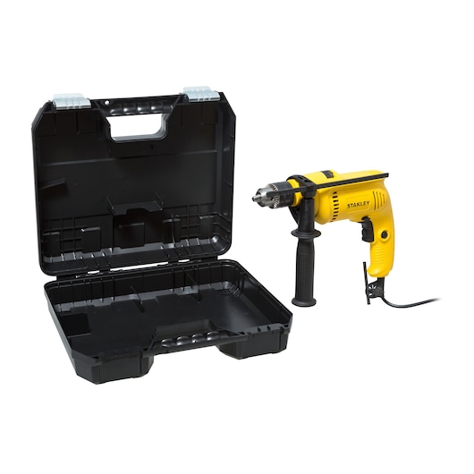 STANLEY SDH600K yellow corded drill with black carrying case, front angle, photography.