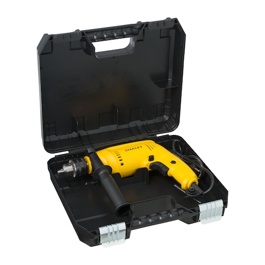 STANLEY SDH600K yellow corded drill in black hard case, photographed from above on white background.