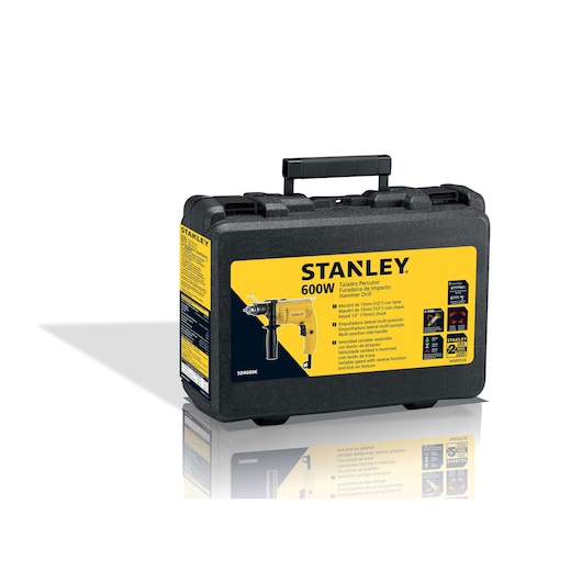 STANLEY SDH600K hammer drill kit in black hard case with yellow label, front angle view.