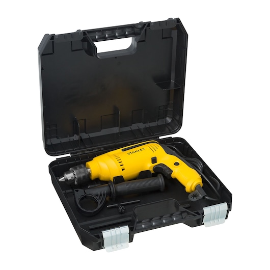 STANLEY SDH700K yellow corded drill with accessories in black carrying case, angled view.