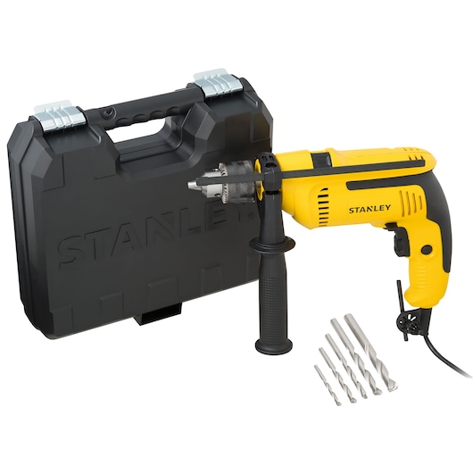 STANLEY SDH710KA yellow corded drill with black handle, drill bits and hard carrying case, photographed on white background.