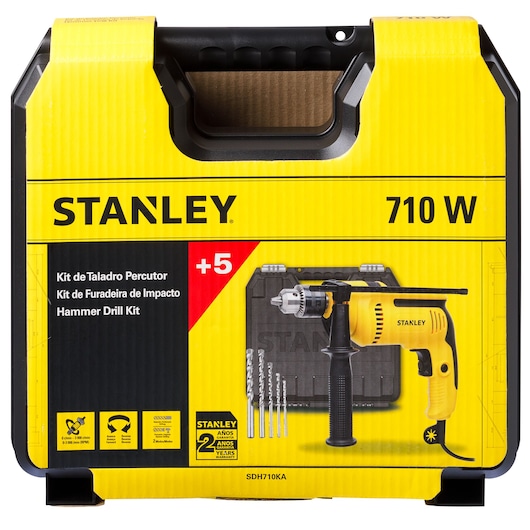 Photo of STANLEY SDH710KA hammer drill kit packaging, showing yellow and black case, drill, and five drill bits.