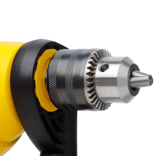 STANLEY SDH710 drill close-up, showing metal chuck and yellow housing, product photography on white background.