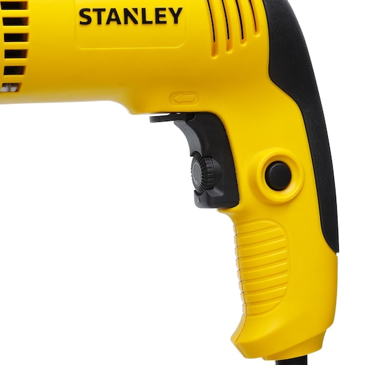 STANLEY SDH710 yellow and black drill handle close-up, showing trigger, grip, and control button, right side view.