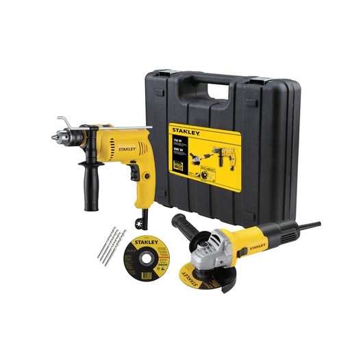 STANLEY SHG6750KA tool kit with yellow drill, angle grinder, three drill bits, two discs, and black carrying case, front angle.