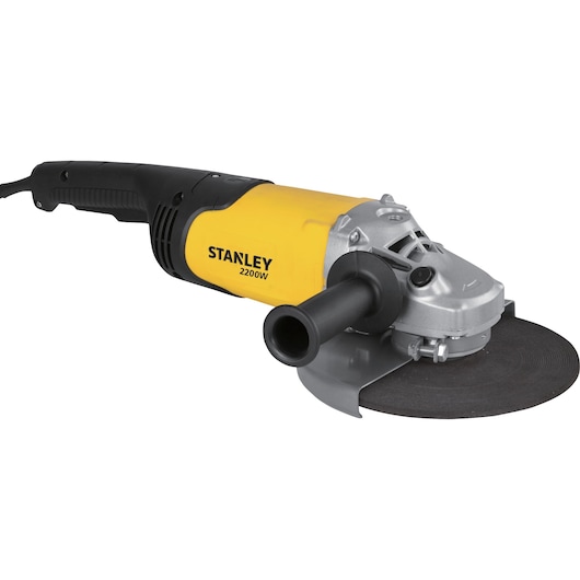 Photo of STANLEY SL227-B3 angle grinder with yellow and black body, side handle, and abrasive disc, front angle.
