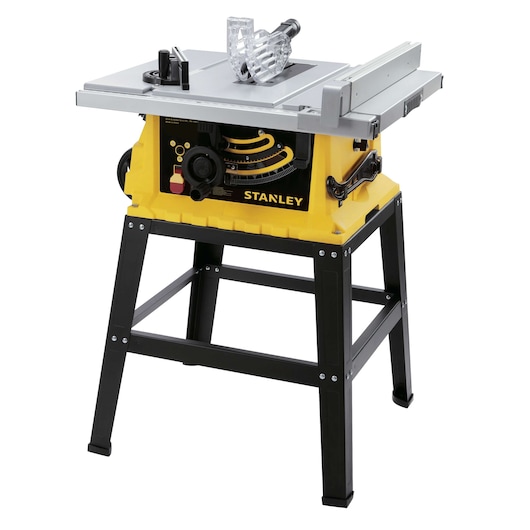 STANLEY SST1801-B3 yellow and black table saw on stand, angled right, with metal top and guard, photography on white background.